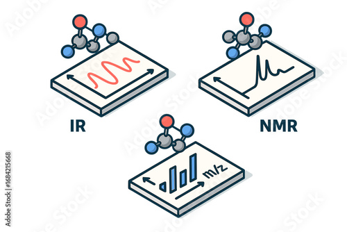 Isometric molecular analysis icon set. Spectroscopic methods concept. Vector collection of IR infrared, NMR, and mass spectrometry MS spectrum data graphs. Science chemistry.