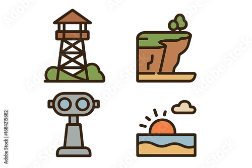 Nature travel and outdoor recreation icon set. Includes a park ranger watchtower, scenic cliffside view, tourist observation binoculars, and a beautiful beach sunset logo.
