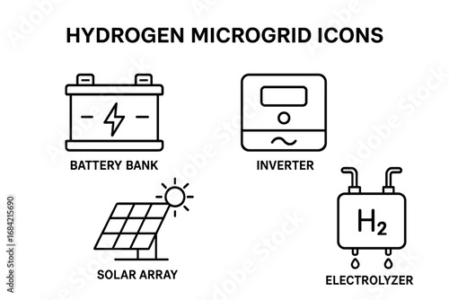 Hydrogen microgrid icon set. Outline icons of renewable energy system. Solar array, battery bank, inverter, electrolyzer. Green H2 production. Vector for sustainable technology.