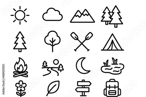 Nature and outdoors line icon set for camping and hiking. Vector outline symbols of forest, mountain, sun, tent, campfire, and adventure elements for travel and landscape.