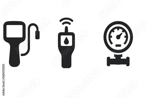 Inspection tools solid icon set. Vector glyphs of diagnostic equipment. Endoscope camera, moisture leak detector, and pressure gauge manometer for industrial maintenance.
