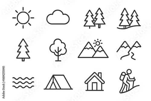 Nature and outdoors line icons set. Vector symbols of forest, landscape, mountain, sun, tree. Outline illustration for camping, hiking, travel and adventure concepts.