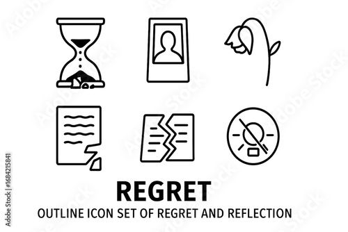 Regret outline icon set vector. Metaphor for sorrow, remorse, grief, disappointment. Concept of loss, sadness, mistake. Broken hourglass, faded photo, wilted rose, torn letter.