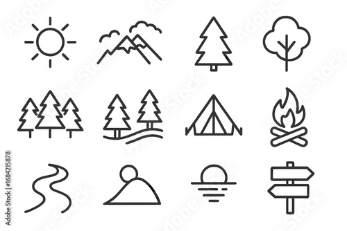 Nature and outdoors line icons set. Vector outline symbols for camping, hiking, and travel. Forest, mountain, landscape, sun, campfire, and tent illustration collection.