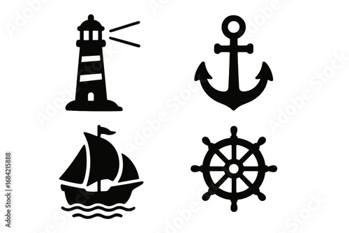 Nautical marine icon set. Lighthouse, anchor, ship, helm symbols. Sea travel & navigation concept. Maritime silhouette vector illustration. Sailing boat & rudder wheel icons.