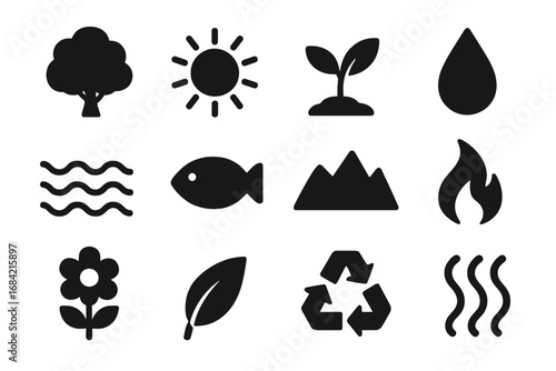 Nature and environment glyph icon set. Vector symbols of ecology, conservation, and sustainability. Tree, plant, sun, leaf, fish, mountain, and four elements: fire, water, earth, air.