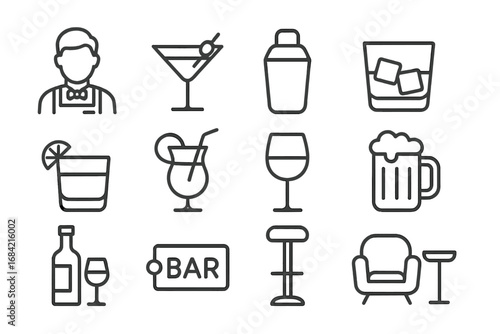 Bar and cocktail lounge line icon set. Vector illustration with bartender, drinks, alcohol, beer, wine, whiskey, shaker, and lounge furniture for minimalist design.