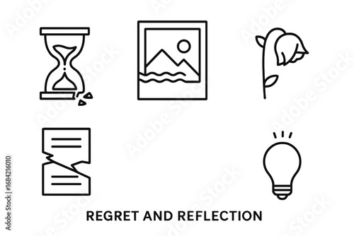 Regret and reflection vector icon set. Outline icons of broken hourglass, faded memory, wilted rose, torn letter. Concept of sadness, remorse, nostalgia, learning from mistakes.