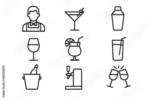 Bar and cocktail lounge icon set. Minimalist line art vector graphics for menu or party design. Includes bartender, drinks, wine glass, beer tap, shaker and cheers icons.