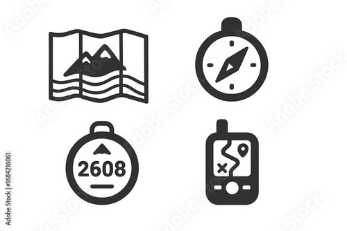 Mountain navigation icon set. Solid glyph icons for hiking, trekking and adventure. Vector symbols of topographic map, compass, altimeter and GPS for outdoor exploration.