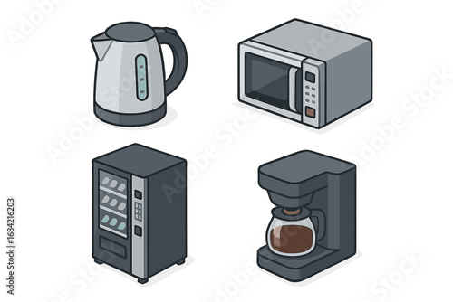 Office breakroom kitchen appliances isometric icon set. Vector flat cartoon illustration of an electric kettle, microwave oven, coffee maker machine, and snack vending machine.