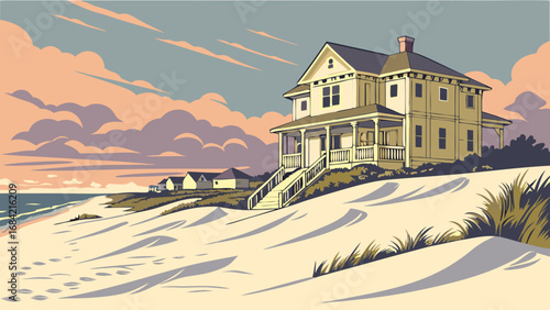 Coastal House on Sandy Dune at Sunset Ocean View Beachfront Property Illustration.