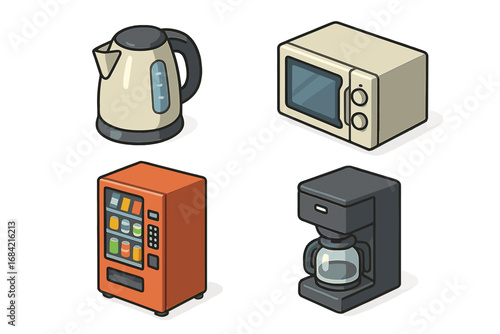 Office breakroom isometric icon set. Kitchen equipment collection with electric kettle, microwave, coffee maker and vending machine. Vector flat design cartoon illustration.