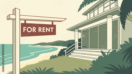 Coastal House Rental Ocean View Property Vacation Home Beachfront Accommodation Summer Getaway Modern Architecture Real Estate Illustration For Rent Sign Tropical Paradise Idyllic Seaside Home Coasta.