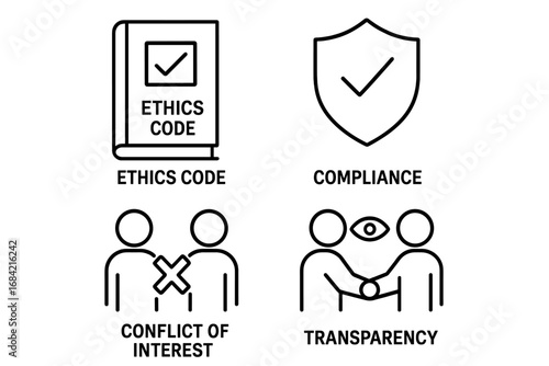 Business ethics and compliance line icon set. Vector symbols for ethics code, corporate governance, conflict of interest, transparency, and negotiation principles. Outline pictograms.