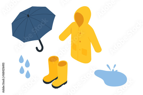 Rainy day essentials isometric icon set. Vector illustration of autumn weather protection gear. Collection with umbrella, yellow raincoat, rain boots, puddle splash, water drops.