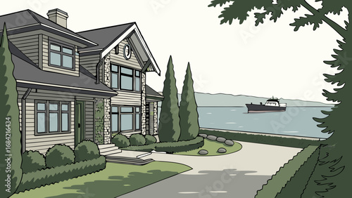 Coastal House with Water View and Lush Greenery.