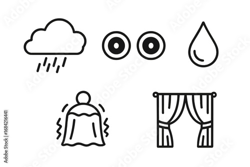 Nightmare and fear outline icon set. Vector symbols for anxiety, insomnia, phobia, and stress. Mental health concepts like scared person shaking in bed, wide eyes, and sweat drop.