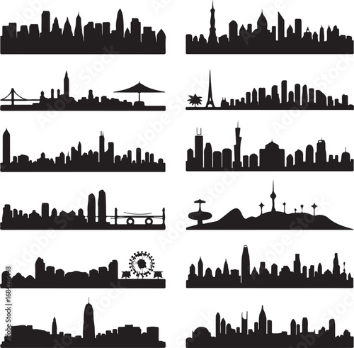 Silhouettes of city skylines from various famous and generic urban landscapes cityscape architecture