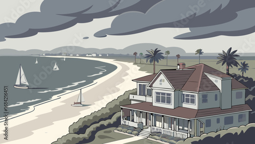 Coastal House Beach Scene Sailboats Cloudy Sky Ocean View Summer Vacation Idyllic Seascape Calm Water Tropical Paradise Waterfront Property Dream Home Seaside Residence Coastal Living Relaxation Tran.