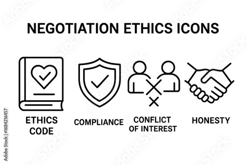 Negotiation ethics and business compliance outline icon set. Vector symbols for ethics code, honesty, conflict of interest, and corporate integrity in business dealings.