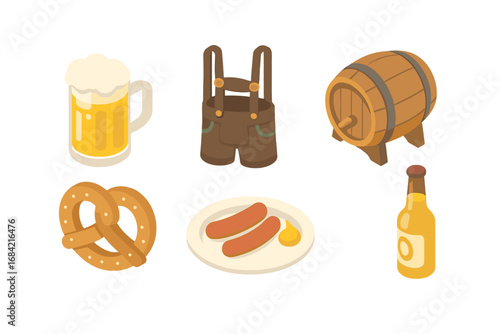 Oktoberfest icon set. Isometric vector graphics collection. Traditional German festival symbols like beer mug, pretzel, lederhosen, sausage, and wooden beer barrel. Flat design.