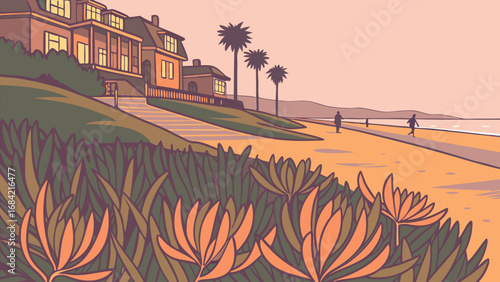 Coastal House Beach Walk Sunset Illustration Palm Trees Vector Art.
