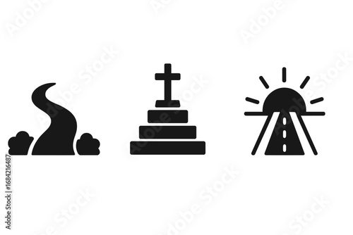 Pathways to Belief Icons Solid Filled Vector Set with Footpath Forward, Steps to Altar, Rising Sun over Road, Spiritual Journey Symbols, Faith and Hope Illustration