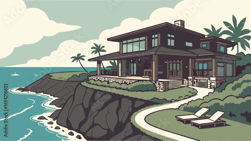 Coastal House Ocean View Cliffside Home Tropical Paradise Modern Architecture Luxury Real Estate Seaside Villa Dream Home Illustration Vacation Rental Tranquil Scene Idyllic Landscape Summer Getaway .