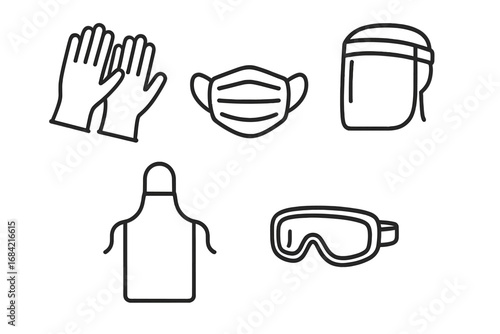 Personal protective equipment vector icon set. PPE outline icons for health and safety. Includes disposable gloves, face mask, shield, apron, and goggles. Medical hygiene concept.