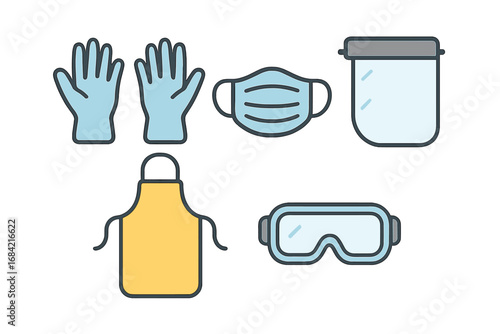 PPE icon collection. Flat design vector set of personal protective equipment. Disposable gloves, face mask, face shield, apron, goggles for medical safety and hygiene.