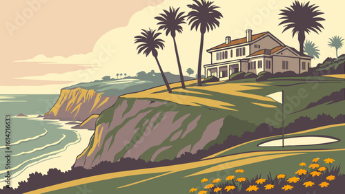 Coastal House Ocean View Golf Course Palm Trees Sunset Illustration.
