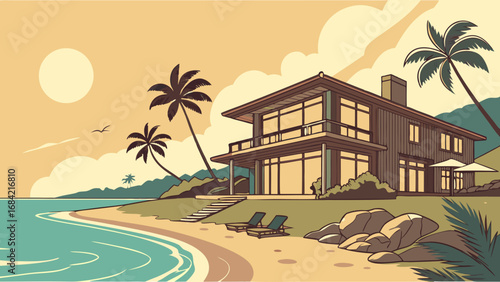Coastal House Tropical Beach Sunset Vacation Home Ocean View Illustration.