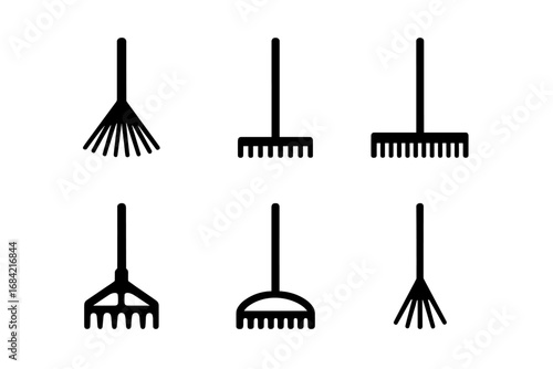 Rake icons set. Various types of rakes silhouette collection. Garden, leaf, bow, landscape, thatch, shrub rake. Gardening tool and farm equipment vector symbol illustration.