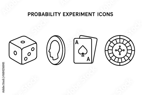 Probability experiment line icon set. Vector outline symbols of dice roll, coin flip, playing cards, and roulette wheel for concepts of chance, gambling, risk, and statistics.
