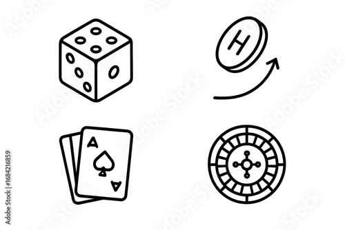 Probability experiment and gambling outline icon set. Vector symbols of a dice roll, coin toss, playing cards, and a casino roulette wheel. Concept of chance, luck, risk, bet.