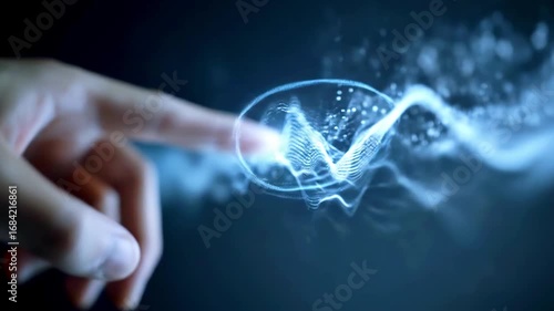 Close-up of a human finger touching a glowing wave of digital energy, with abstract particles in the background