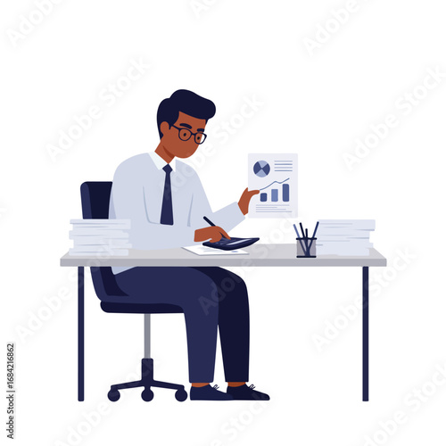 A man at a desk with a calculator and graph