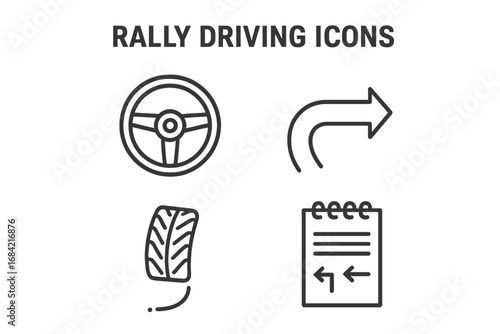Rally driving race icon set. Vector line art. Motorsport competition symbols. Steering wheel, drift arrow, tire skid, co-driver pace notes. Racing car sport elements.