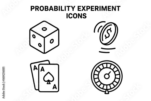 Probability experiment and games of chance icon set. Vector line art icons of a dice roll, coin flip, playing cards, and roulette wheel for gambling or math concepts.