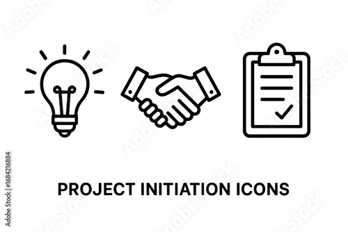 Project initiation icon set. Vector line icons for business management. Includes lightbulb for new ideas, stakeholder handshake for agreement, and project charter for planning.