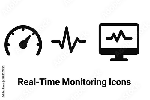Real-time monitoring icon set. Vector glyph icons for performance, speed gauge, data pulse, and system analytics. Dashboard elements for diagnostics and live data tracking.