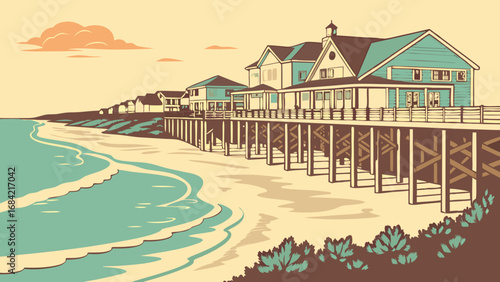 Coastal Houses on a Beachfront Boardwalk at Sunset.