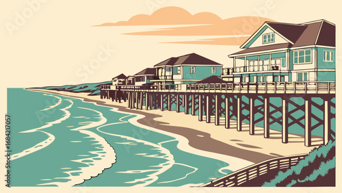 Coastal Houses on a Pier Overlooking the Ocean Beach Scene Summer Vacation Illustration.