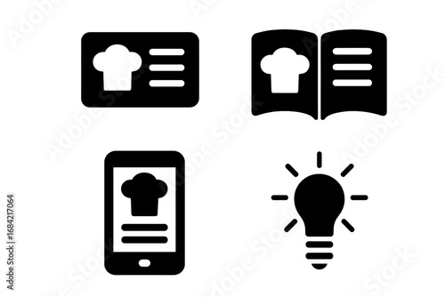 Recipe sharing solid icon set. Cooking creativity concept with recipe card, open cookbook, and phone app. Vector glyph symbols for culinary blog, website, or cooking class.