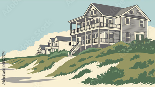 Coastal Houses on Sand Dunes Summer Vacation Home Illustration Beachfront Property Graphic Seaside Dwellings Artwork.