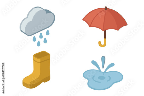 Rain icon collection. Isometric flat vector set of weather symbols. Cloud with drizzle, umbrella, rain boot, and puddle splash. Autumn season graphic elements illustration.