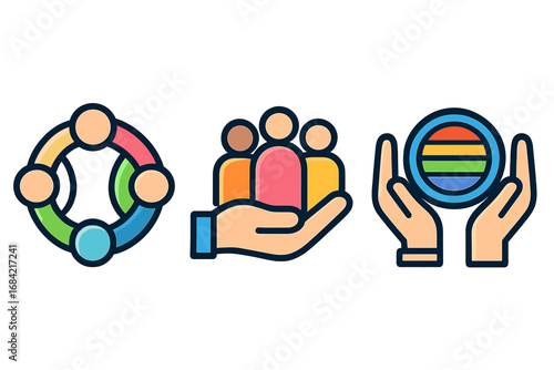 Vector icon set for diversity, equity, inclusion. Teamwork, community and collaboration. Support, care and unity concept. Human resources. Hands holding people and LGBT pride.