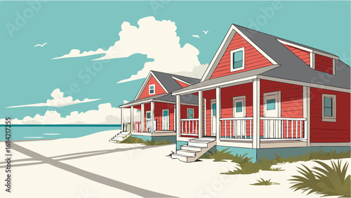 Coastal Houses Beach Cottages Summer Vacation Homes Ocean View Idyllic Seaside Scene Red Houses Porch Steps Sandy Beach Summer Holiday Tropical Getaway Calm Ocean Relaxing Beach Scene Seascape Illust.