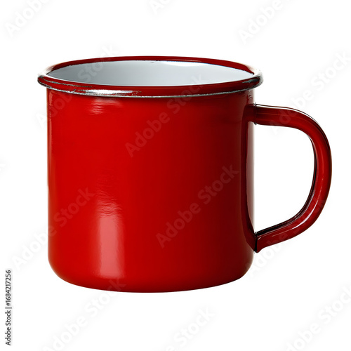 A single vibrant red vintage style enamel tin mug with a handle, perfect for camping and outdoor adventures, isolated on a white background